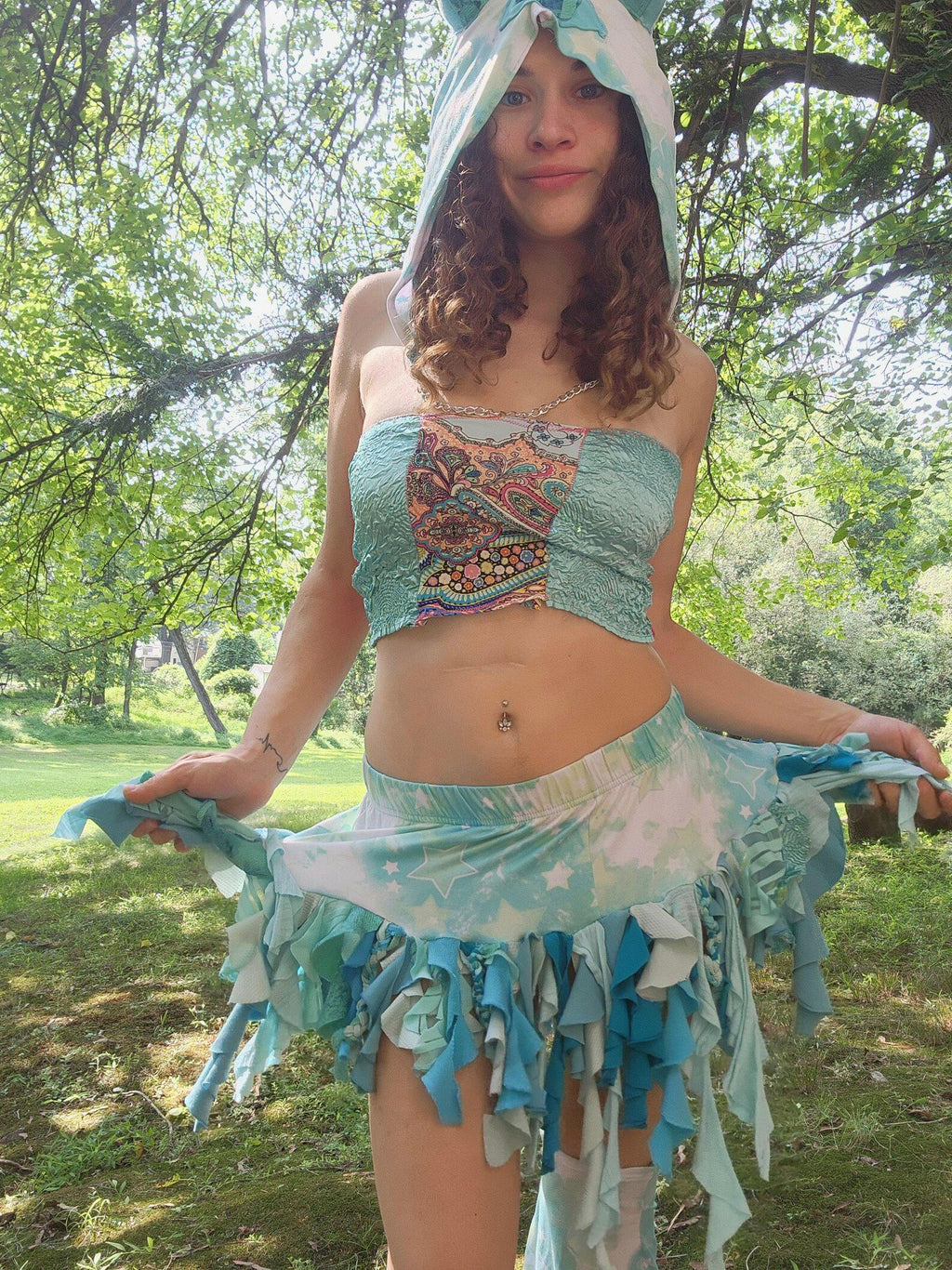 Starry Aqua Mystic Kitty Rave Set: Upcycled Hood, Ruffle Skirt and Leg Warmers