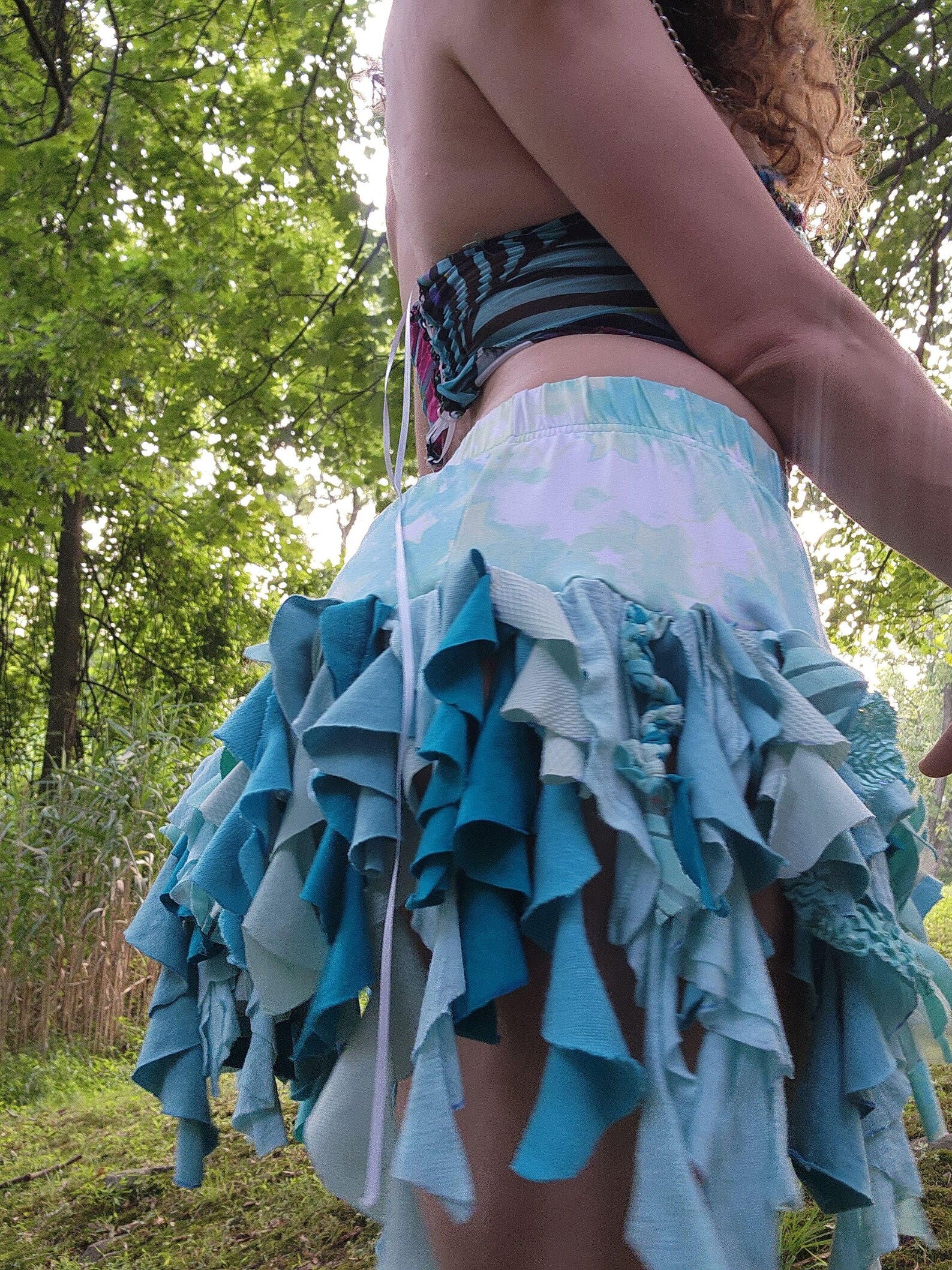 Starry Aqua Mystic Kitty Rave Set: Upcycled Hood, Ruffle Skirt and Leg Warmers
