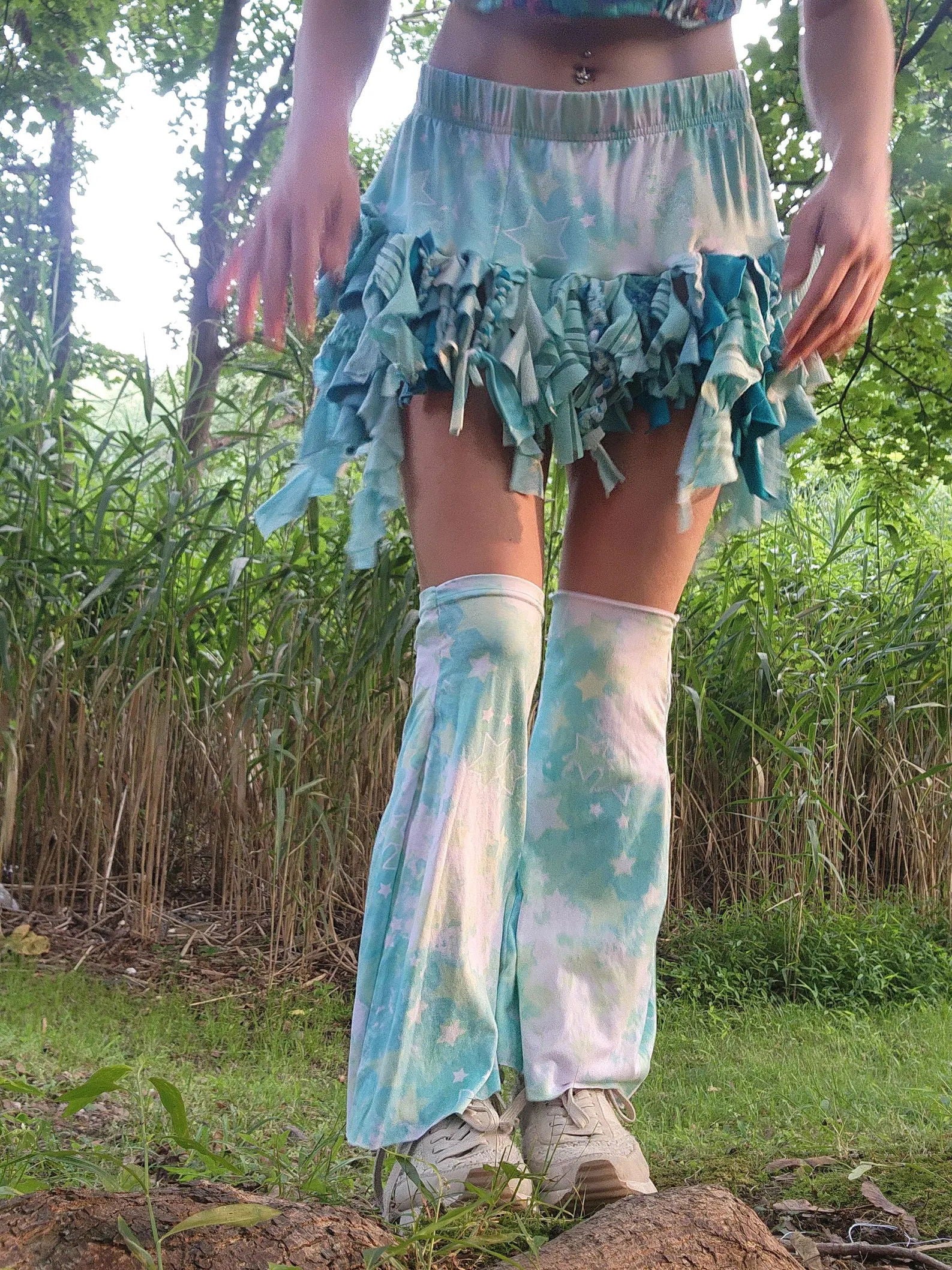 Starry Aqua Mystic Kitty Rave Set: Upcycled Hood, Ruffle Skirt and Leg Warmers