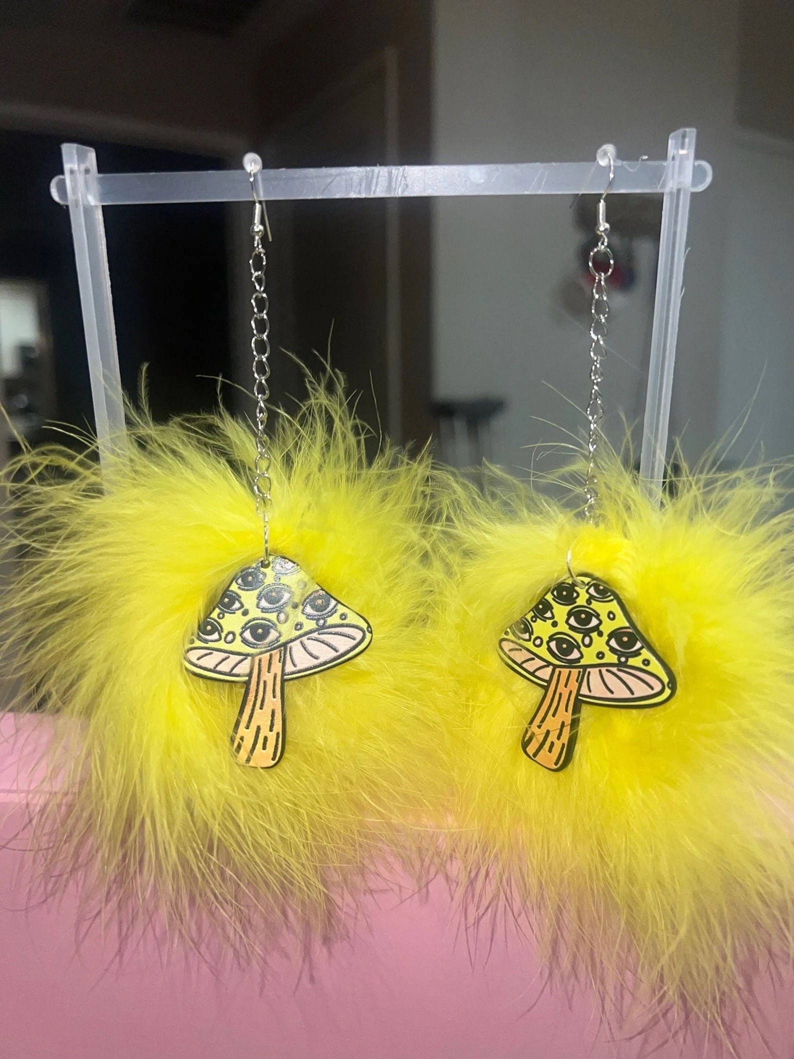 Yellow Fluff Earrings with Mushroom Charms