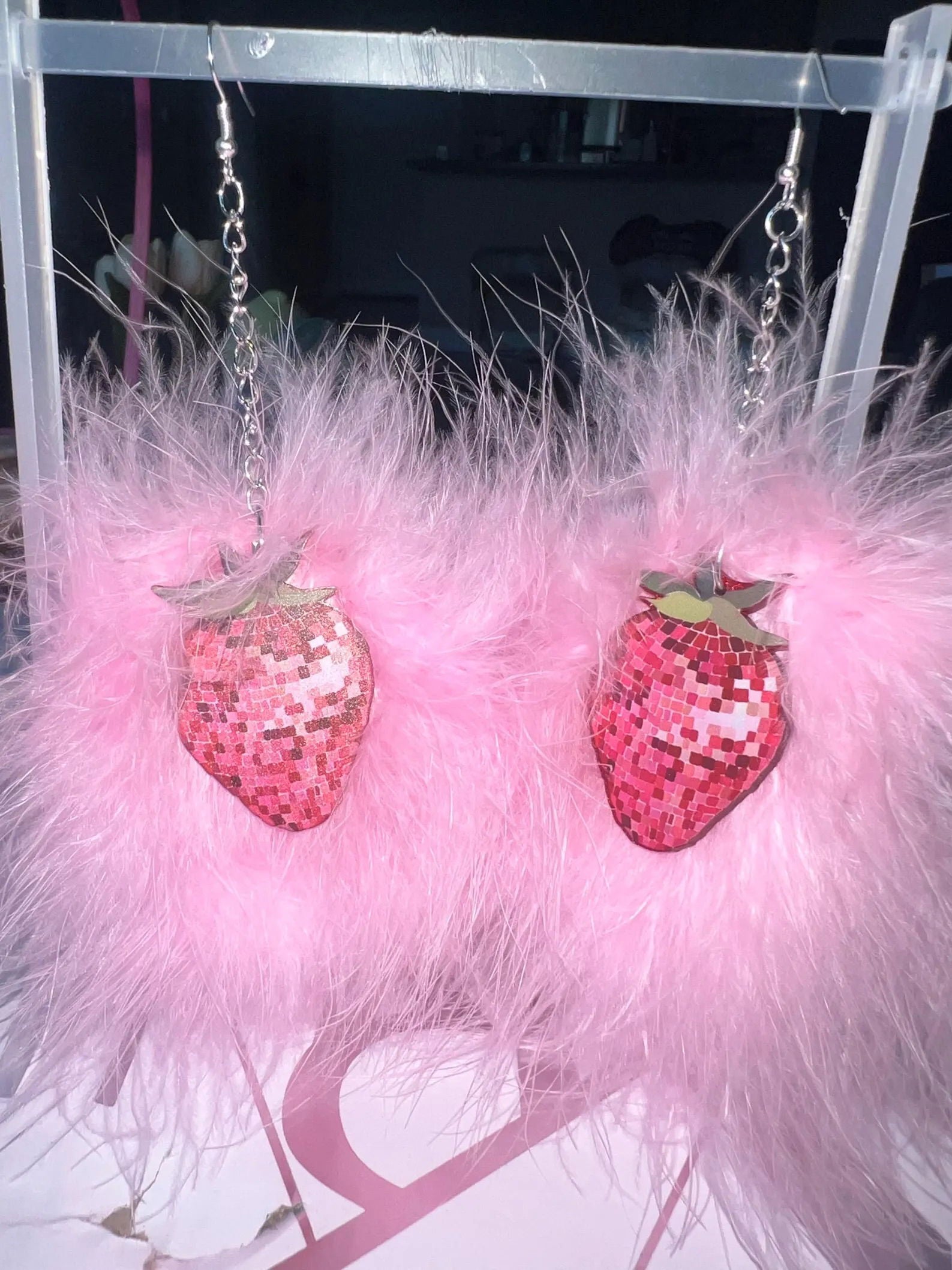 Baby Pink Fluff Earrings with Strawberry Disco Charms