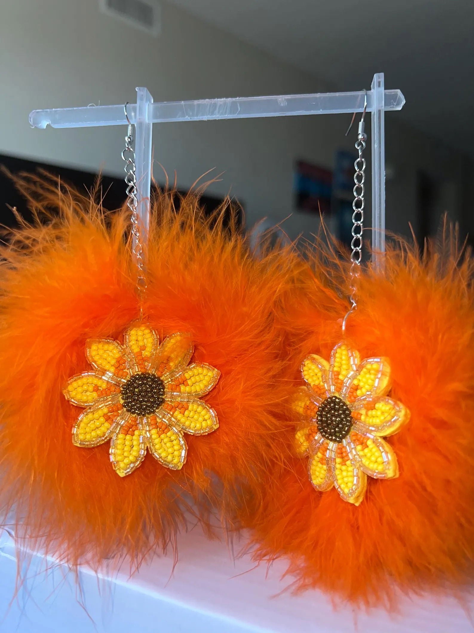 Orange Fluff Earrings with Sunflower Charms