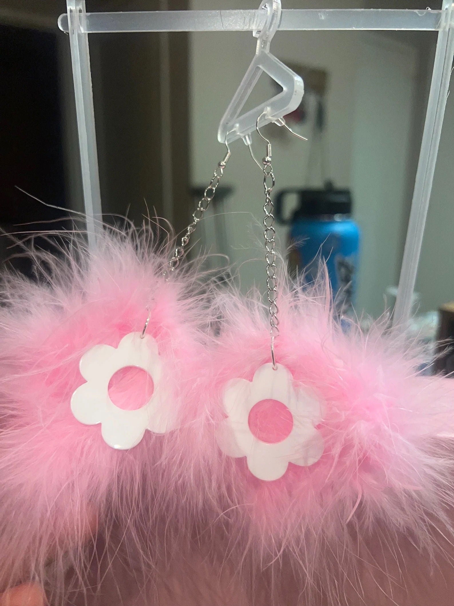 Baby Pink Fluff Earrings with Flower Charms