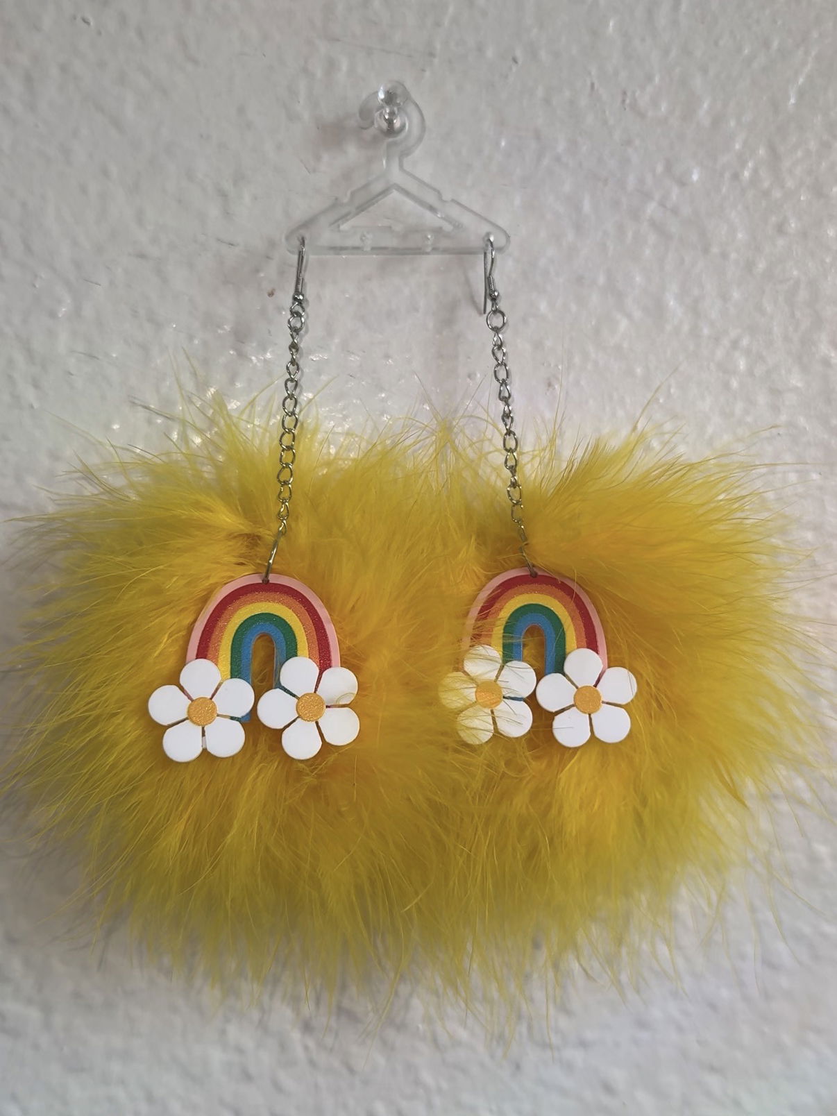 Yellow Fluff Earrings with Rainbow Charms