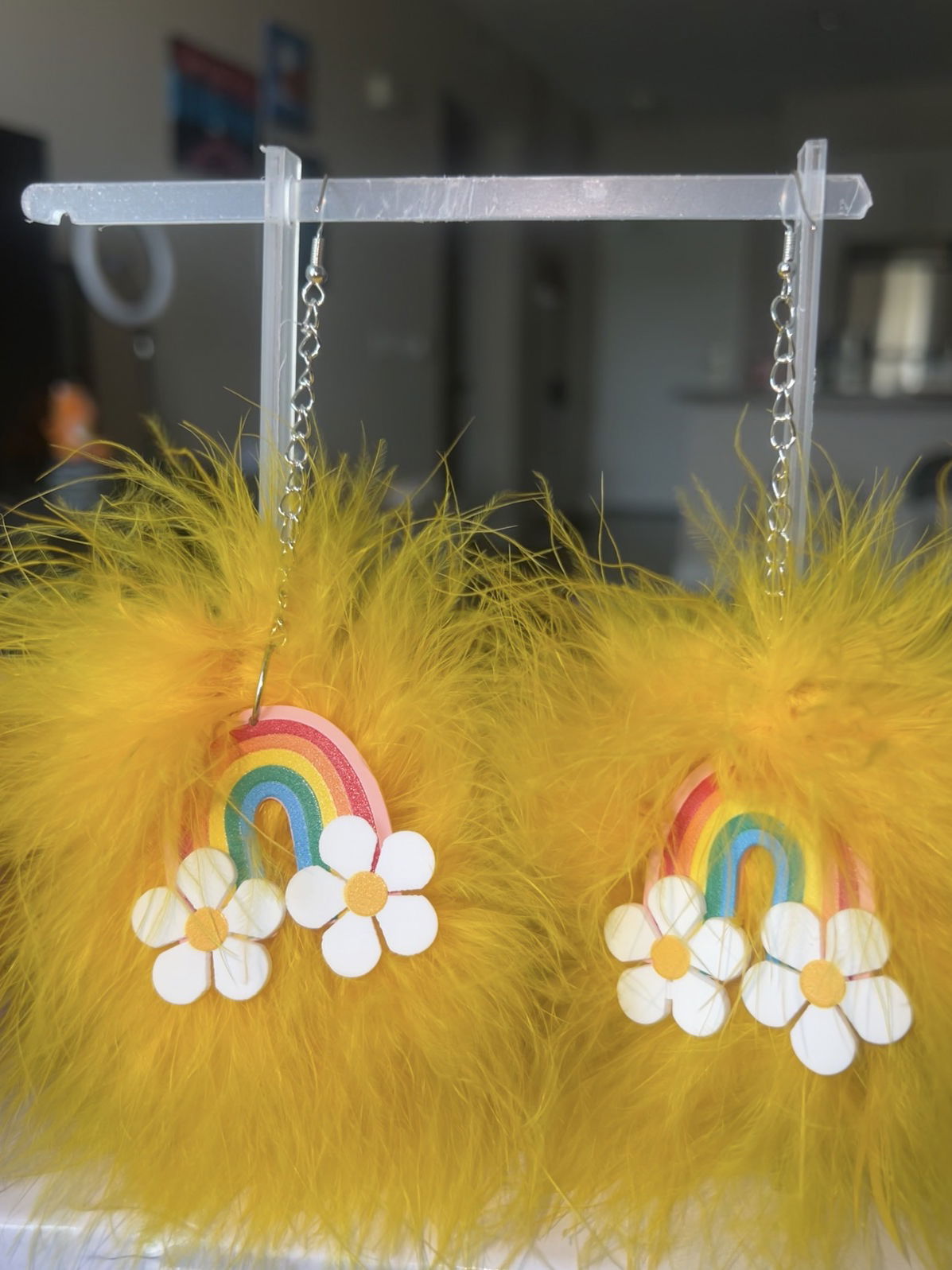Yellow Fluff Earrings with Rainbow Charms