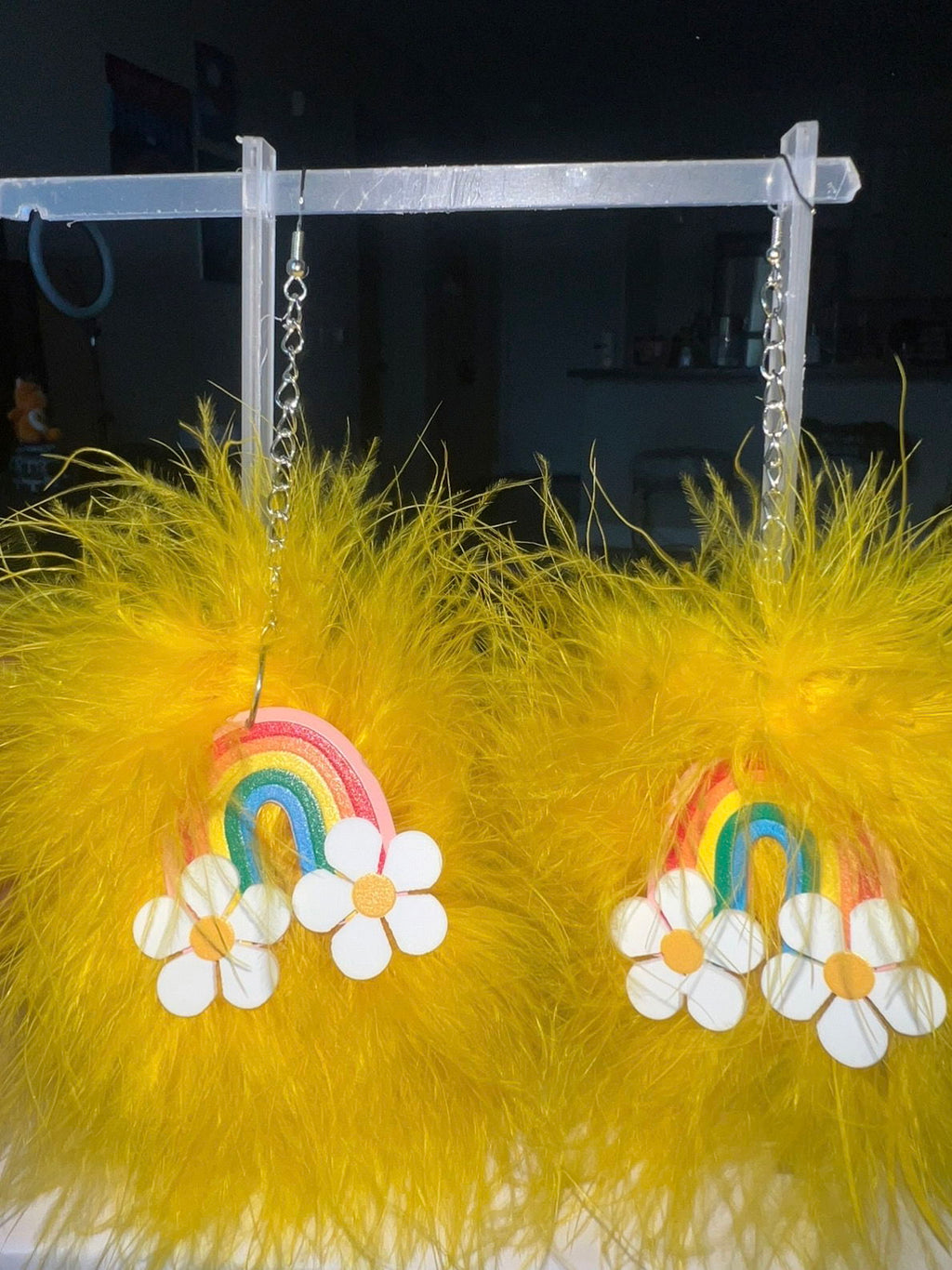 Yellow Fluff Earrings with Rainbow Charms