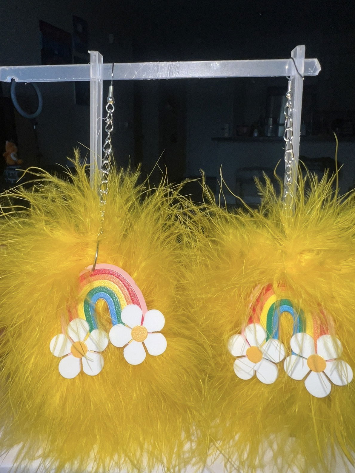 Yellow Fluff Earrings with Rainbow Charms