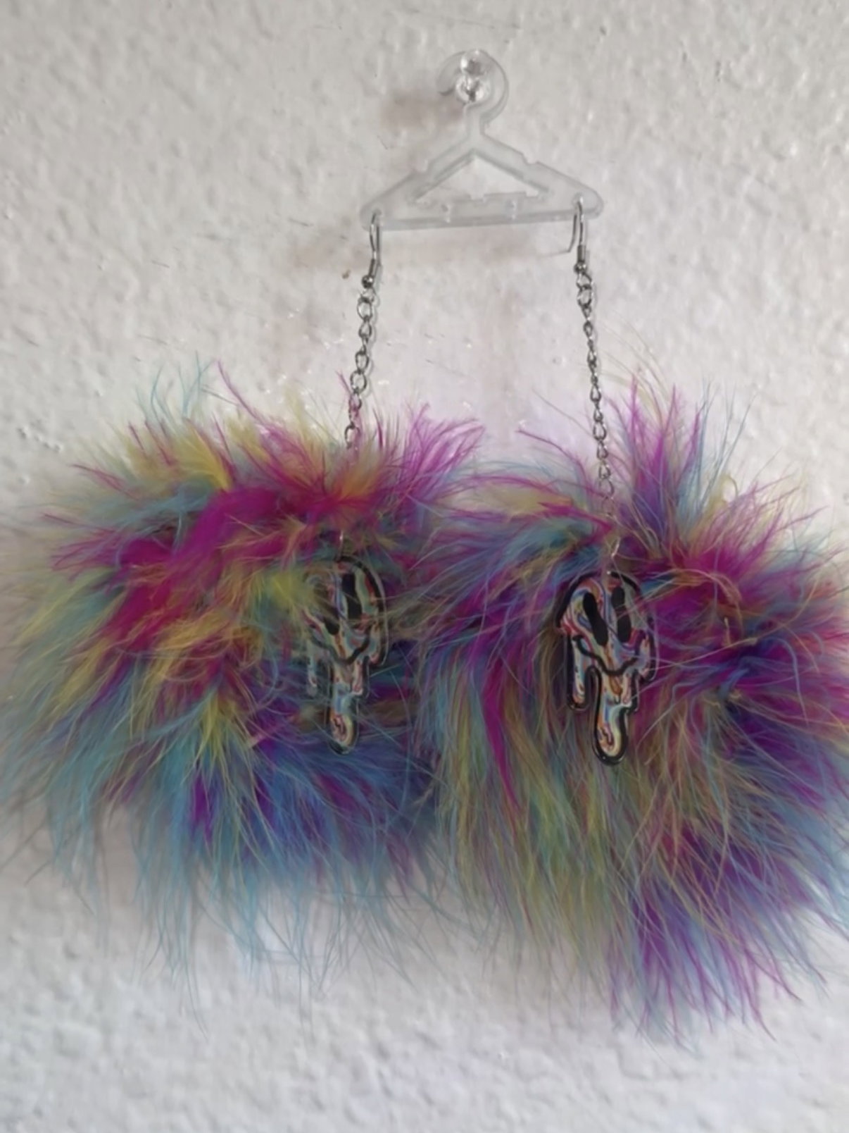 Rainbow Fluff Earrings with Trippy Smiley Charms