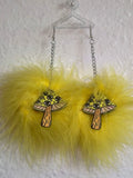 Yellow Fluff Earrings with Mushroom Charms