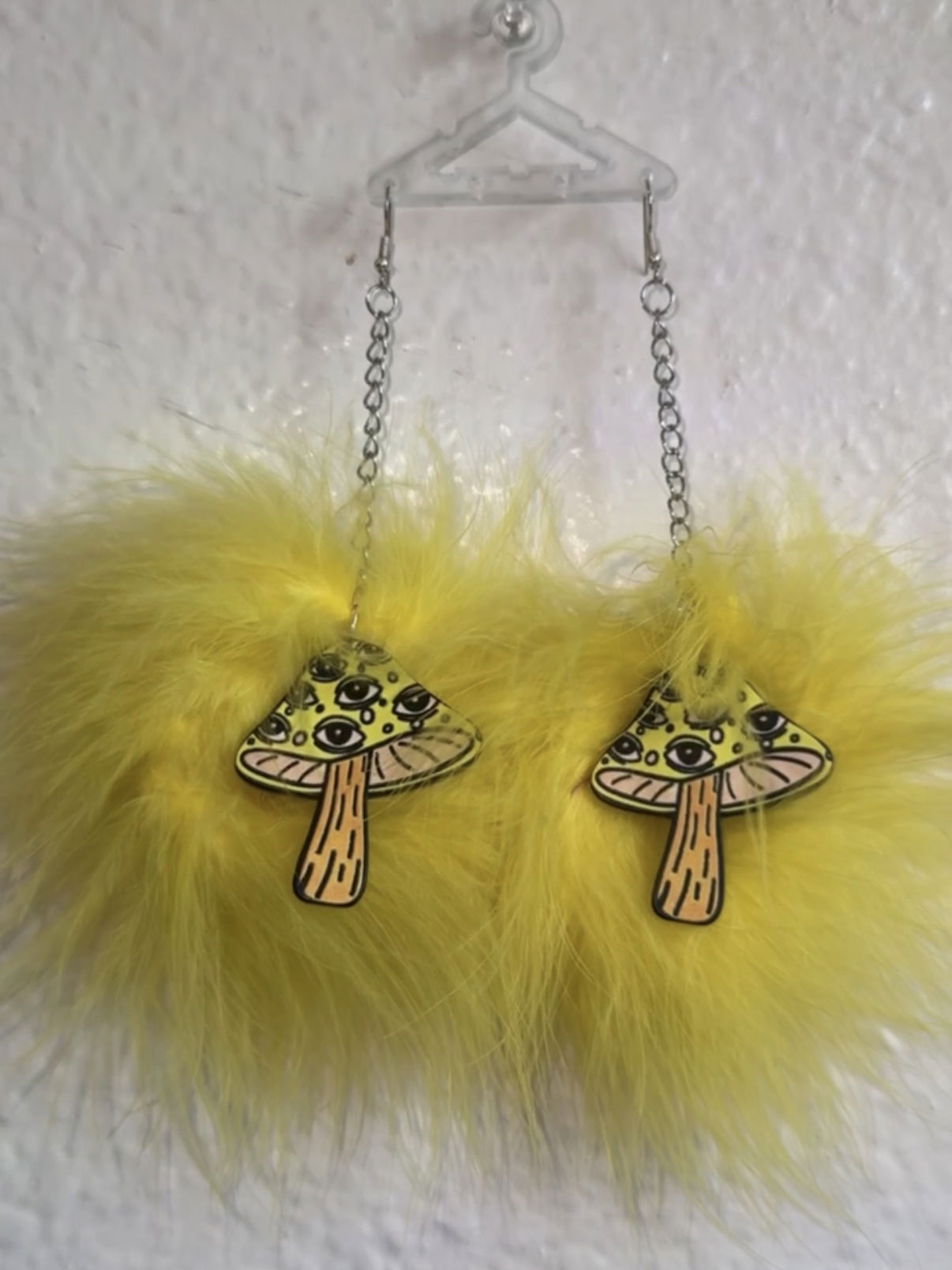 Yellow Fluff Earrings with Mushroom Charms