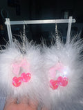 White Fluff Earrings with Cherry Charms