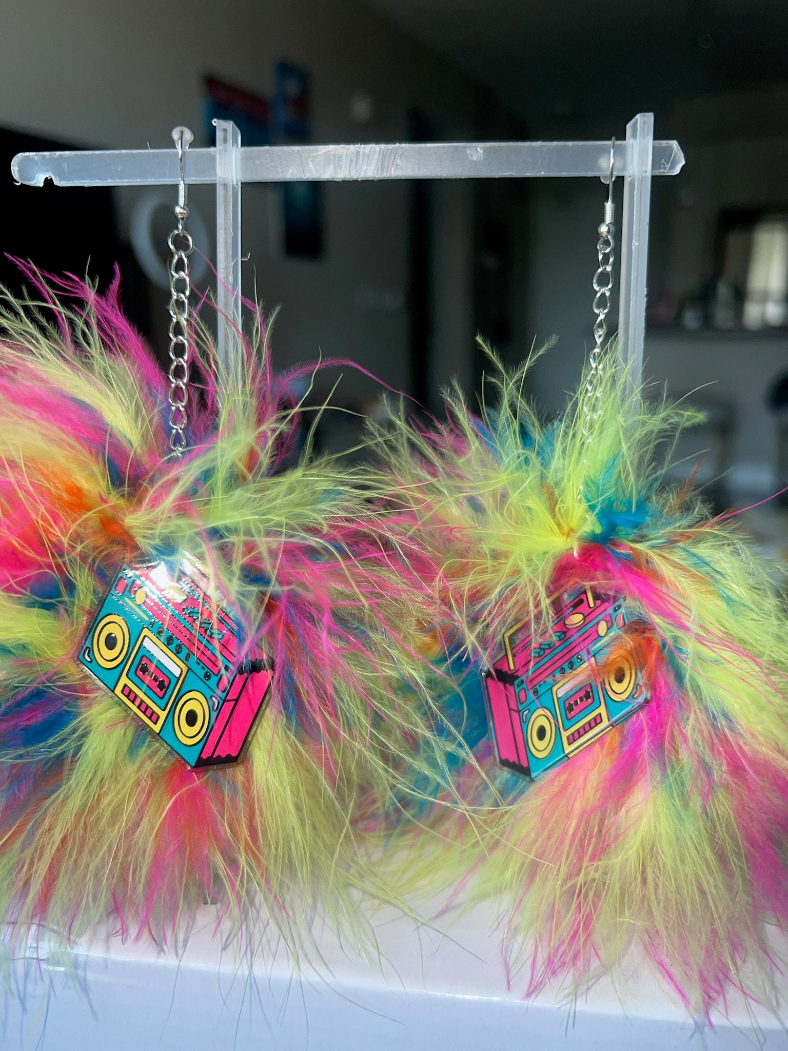 Bright Rainbow Fluff Earrings with Tape Charms