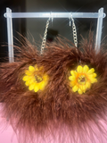 Brown Fluff Earrings with Sunflower Charms