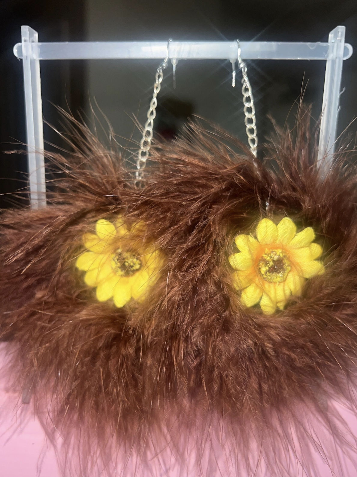 Brown Fluff Earrings with Sunflower Charms