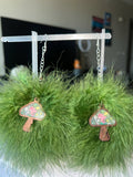 Forest Green Fluff Earrings with Mushroom Charms