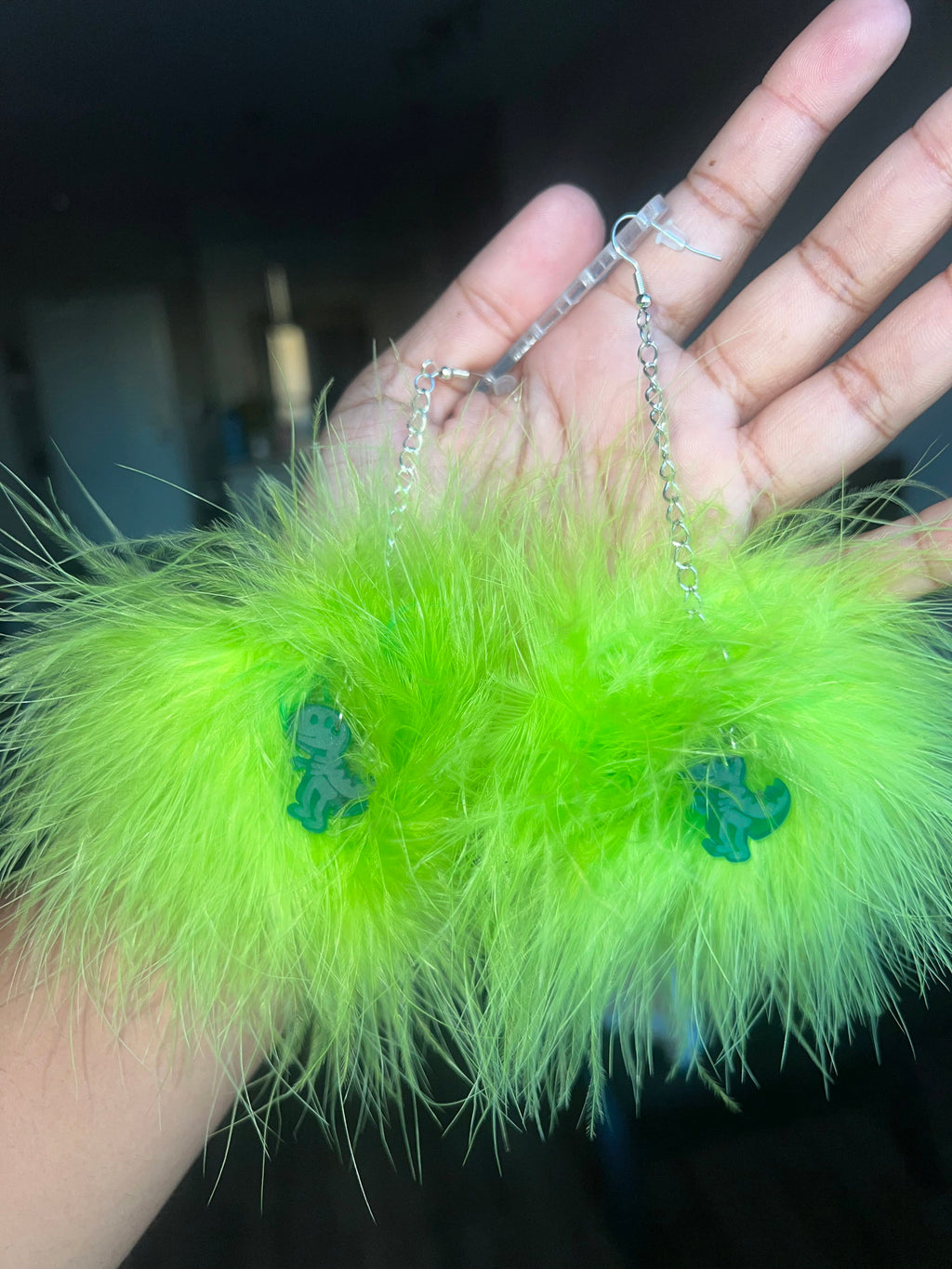 Lime Green Fluff Earrings with Dinosaur Charms