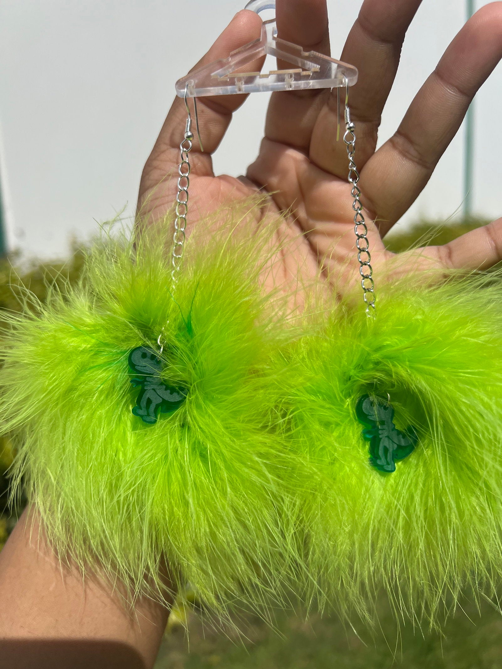 Lime Green Fluff Earrings with Dinosaur Charms