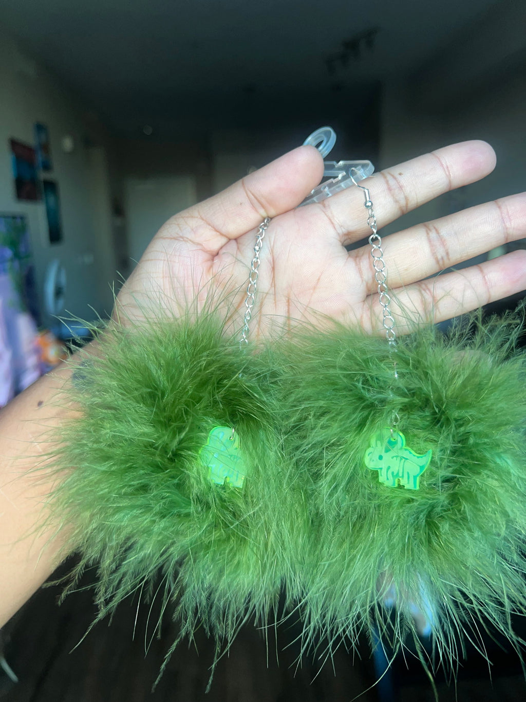 Forest Green Fluff Earrings with Dinosaur Charms