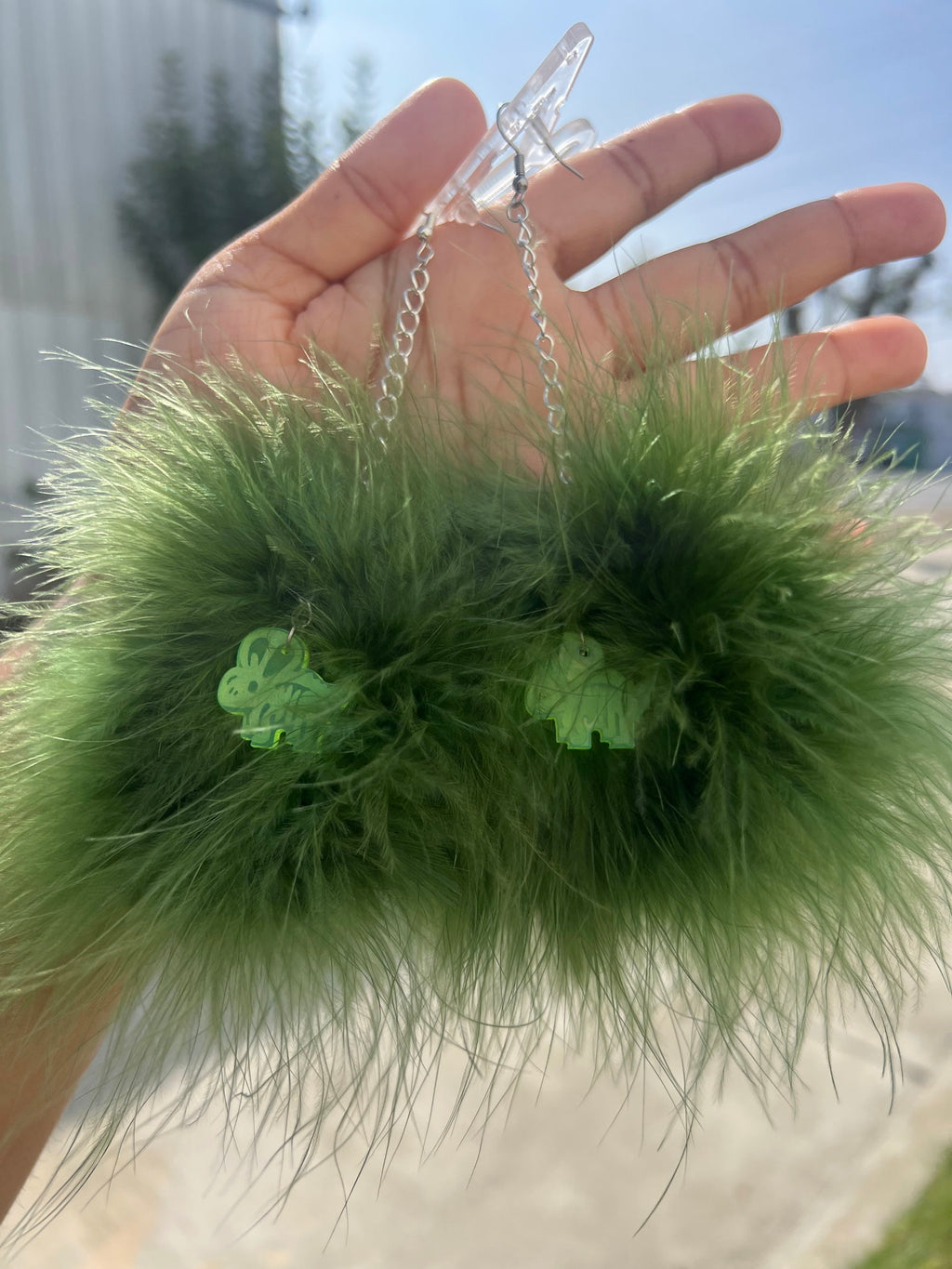 Forest Green Fluff Earrings with Dinosaur Charms
