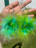 Mixed Blue/Green Fluff Earrings with Dinosaur Charms