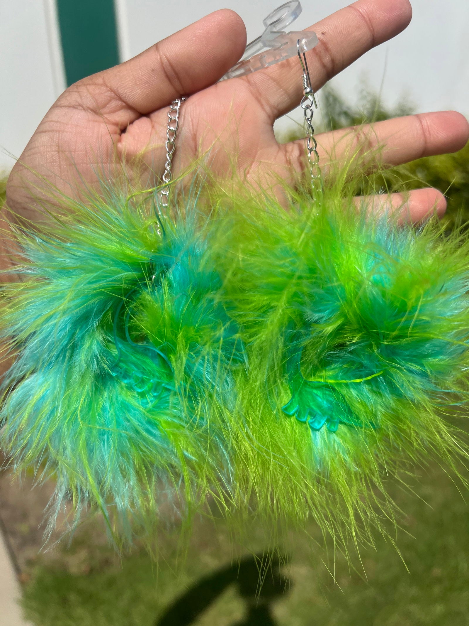 Mixed Blue/Green Fluff Earrings with Dinosaur Charms