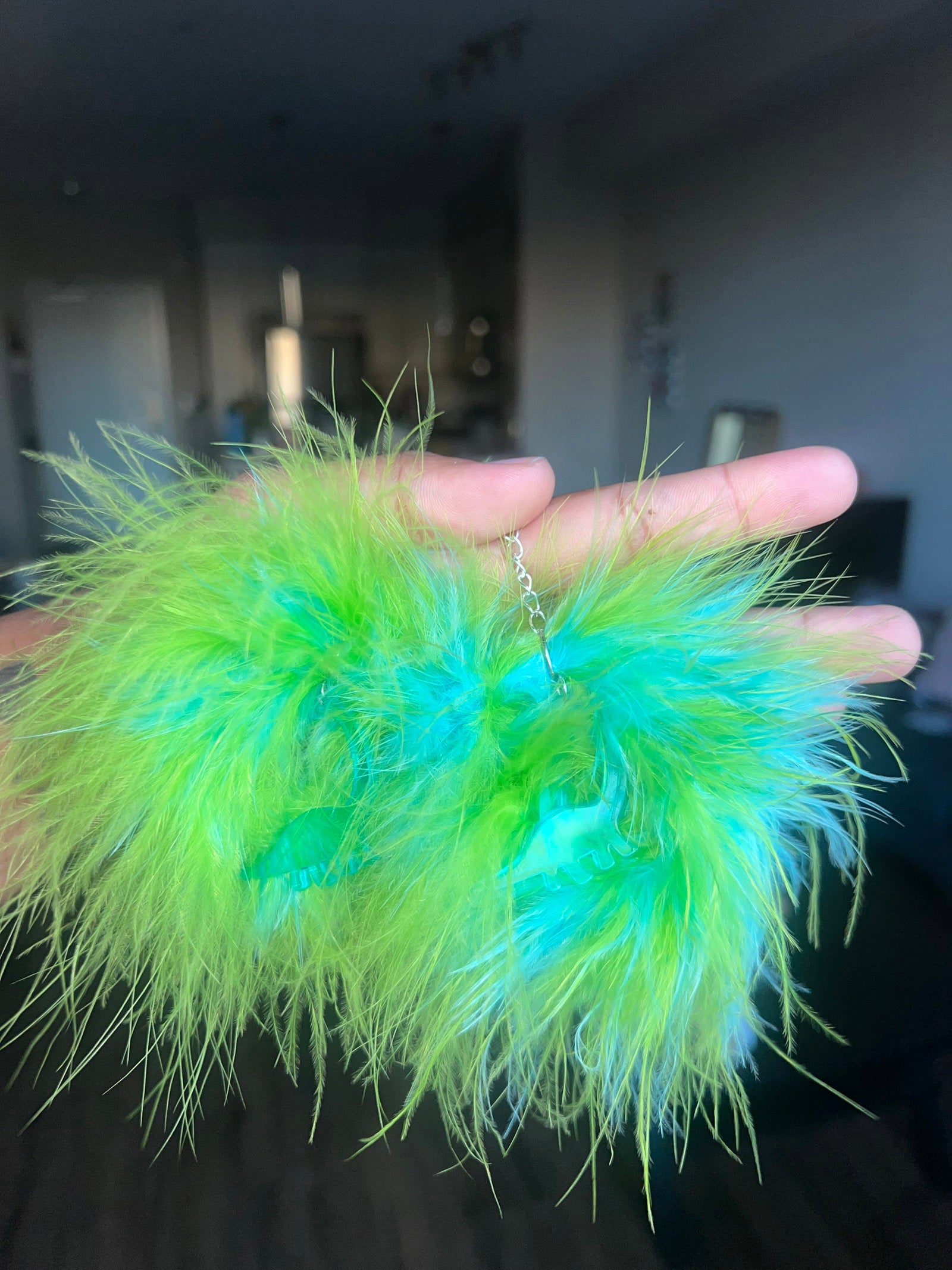 Mixed Blue/Green Fluff Earrings with Dinosaur Charms