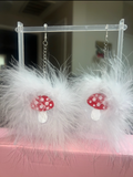 White Fluff Earrings with Mushroom Charms