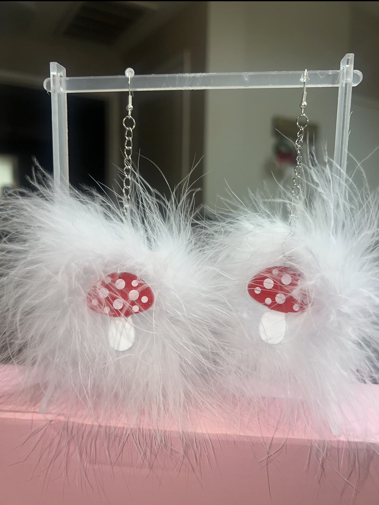 White Fluff Earrings with Mushroom Charms