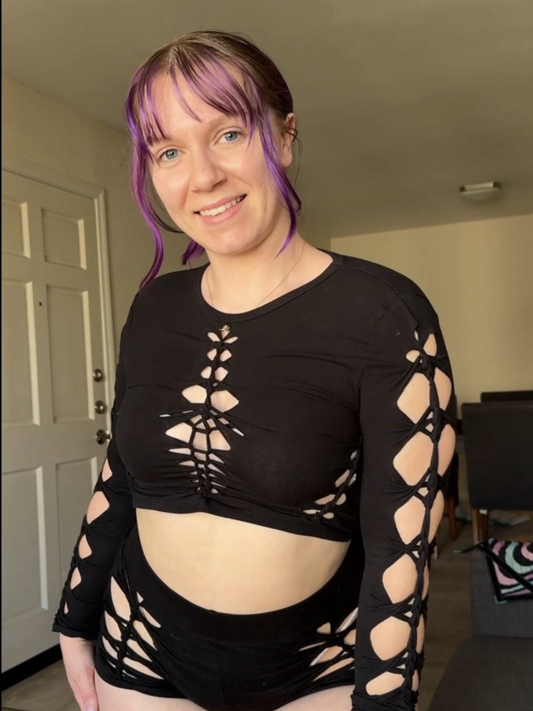 Black Slitweave Long Sleeve Crop Top