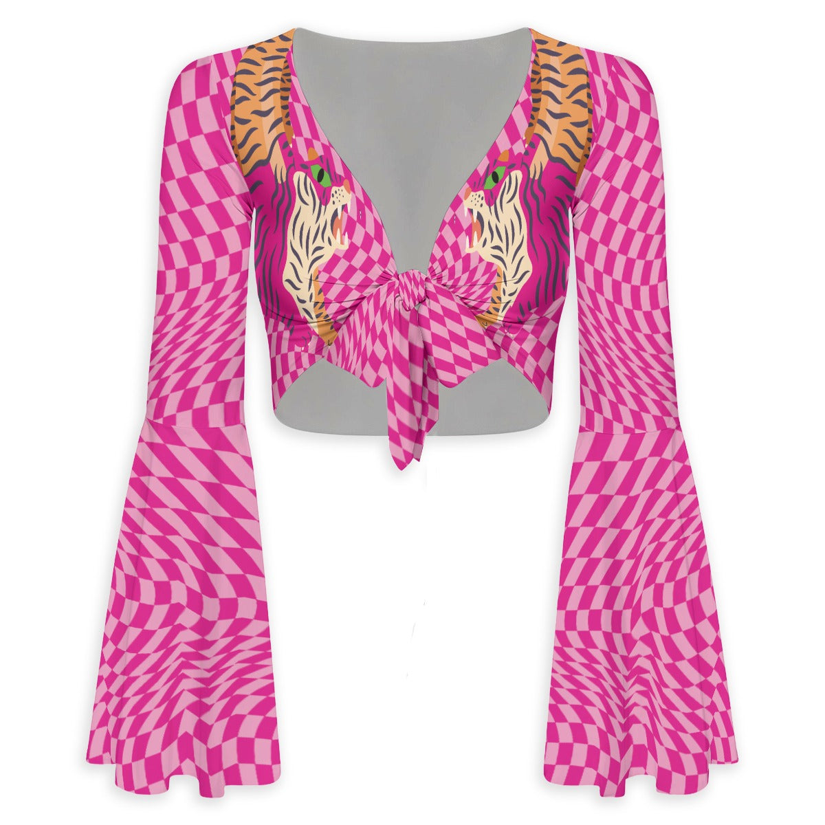 Tiger Balm Pink Women's Elegant Flared Sleeve Tie-Front Crop Top
