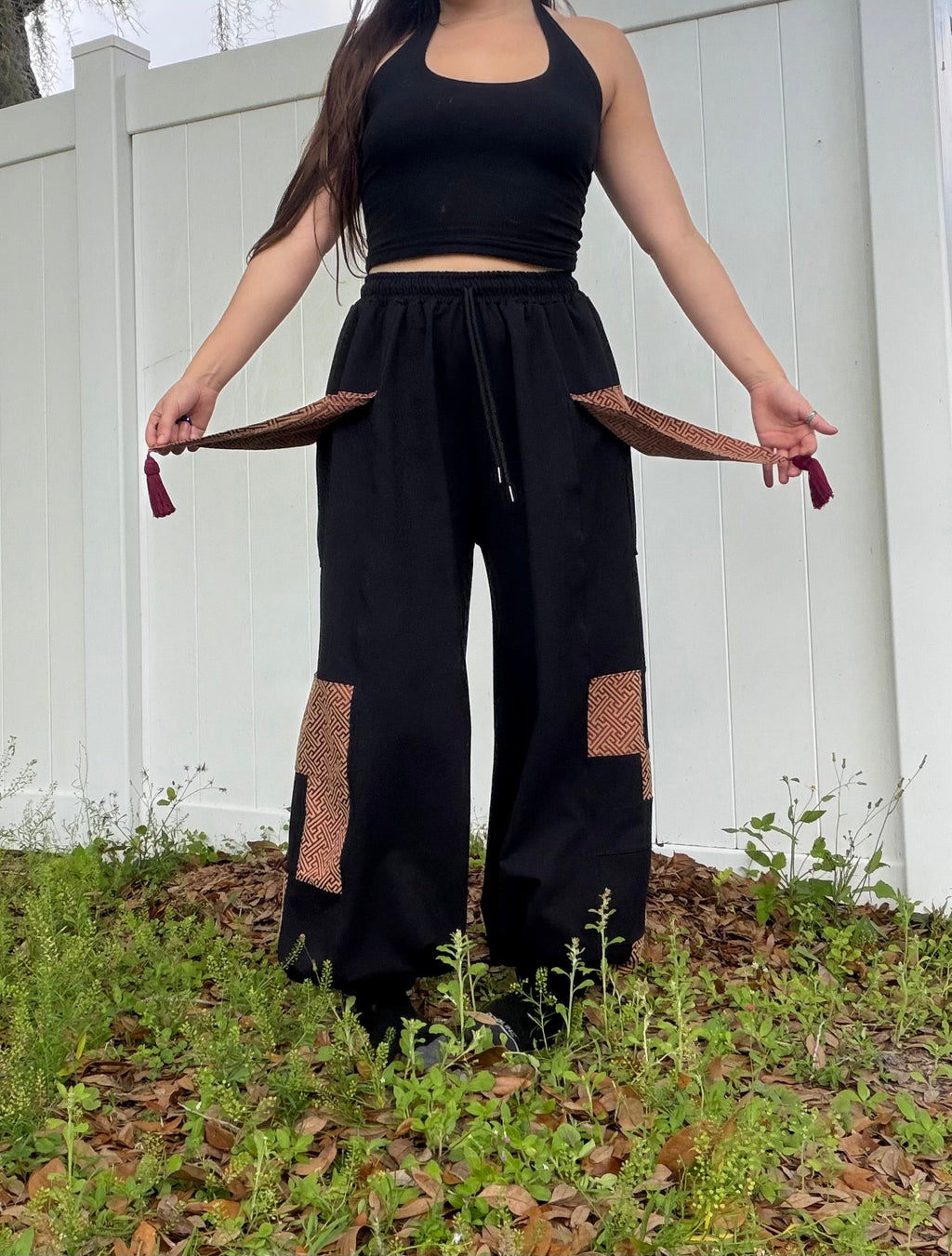 Tassle Pockets Patchwork Pants XS-XL