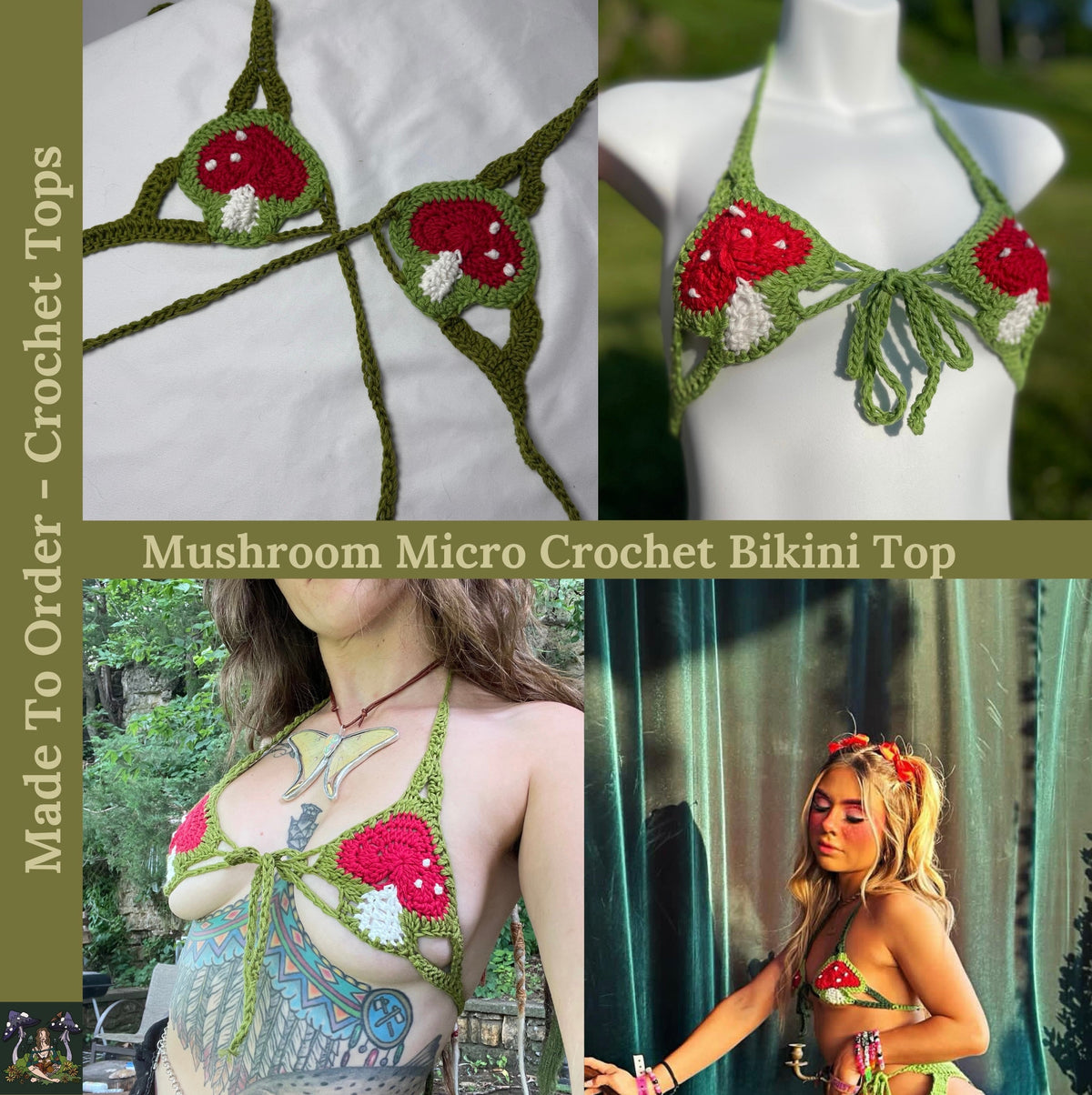 MTO Mushroom Micro Bikini (4x4”) - Tiny Crochet Ravewear Swim & Festival Set