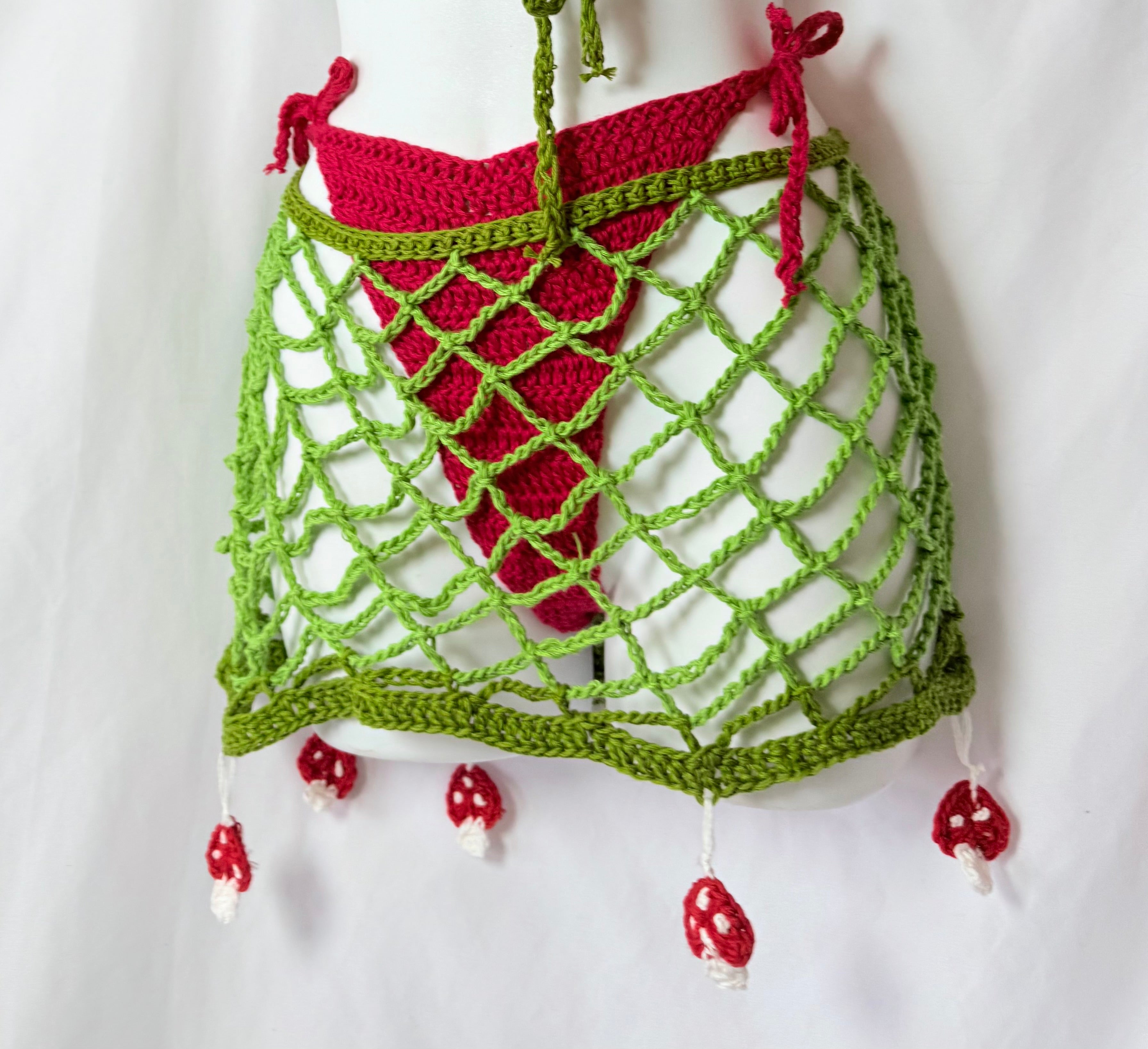 MTO Fishnet Mushroom Mini Skirt - Handmade Crochet Ravewear Skirt