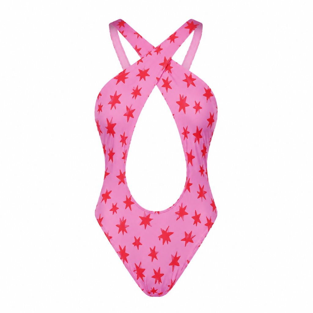 Cosmic Lady Women's Hollowed-Out One-Piece Bodysuit Swimsuit with Gloves