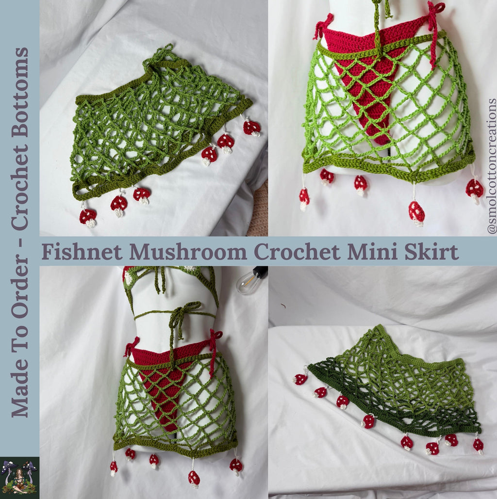 MTO Fishnet Mushroom Mini Skirt - Handmade Crochet Ravewear Skirt